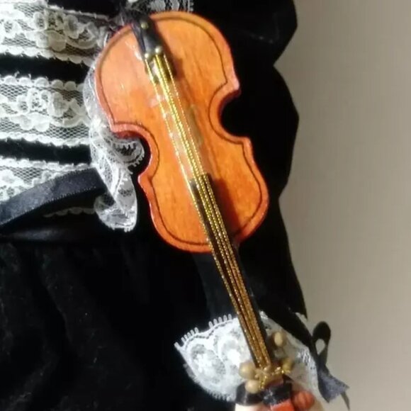 Porcelain Doll 16" With Black Lace Dress Holding Violin Instrument No Stand - Picture 7 of 9